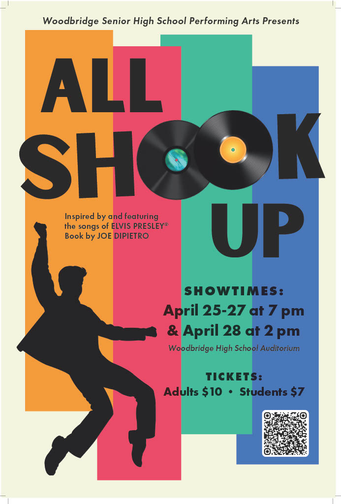 All Shook Up! is a musical inspired by and featuring the songs of Elvis Presley. Book by Joe Dipietro. Showtimes: April 25-27 at 7 p.m. and April 28 art 2 p.m. at the Woodbridge High School Auditorium. Tickets are $10 for adults, $7 for students. 