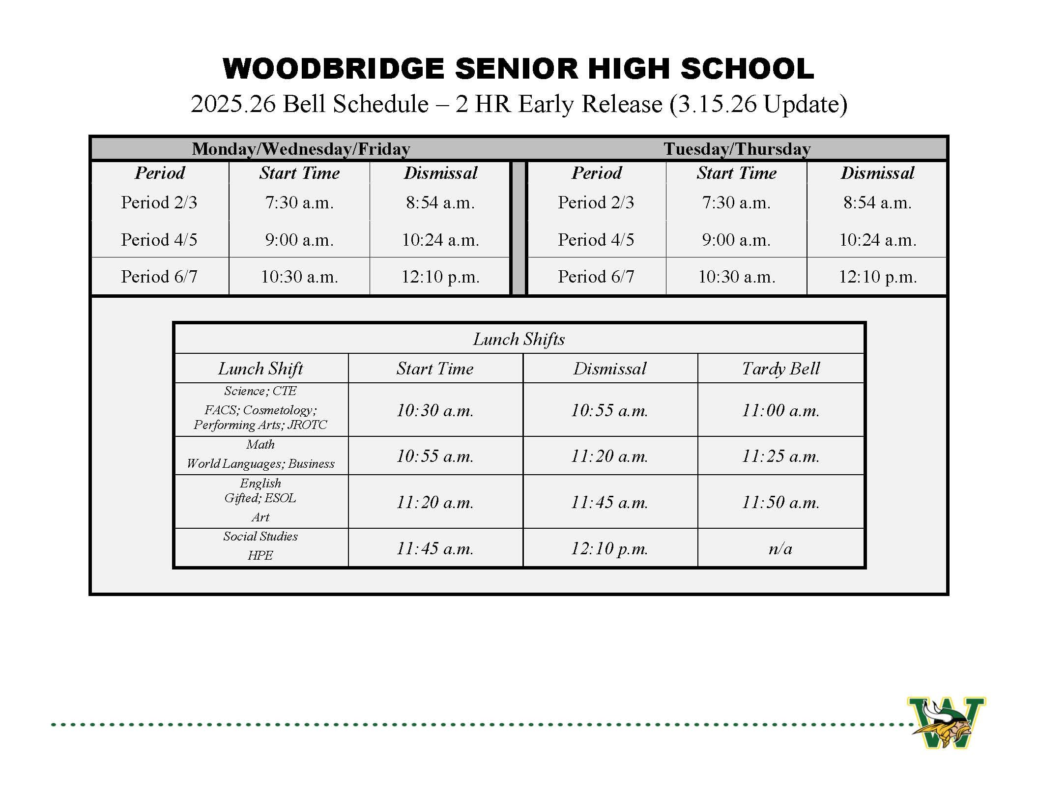WOODBRIDGE SENIOR HIGH SCHOOL 2025.26 Bell Schedule – 2 HR Early Release (3.15.26 Update) Monday/Wednesday/Friday Tuesday/Thursday Period Start Time Dismissal Period Start Time Dismissal Period 2/3 7:30 a.m. 8:54 a.m. Period 2/3 7:30 a.m. 8:54 a.m. Period 4/5 9:00 a.m. 10:24 a.m. Period 4/5 9:00 a.m. 10:24 a.m. Period 6/7 10:30 a.m. 12:10 p.m. Period 6/7 10:30 a.m. 12:10 p.m. Lunch Shifts Lunch Shift Start Time Dismissal Tardy Bell Science; CTE FACS; Cosmetology; Performing Arts; JROTC 10:30 a.m. 10:55 a.m. 11:00 a.m. Math World Languages; Business 10:55 a.m. 11:20 a.m. 11:25 a.m. English Gifted; ESOL Art 11:20 a.m. 11:45 a.m. 11:50 a.m. Social Studies HPE 11:45 a.m. 12:10 p.m. n/a