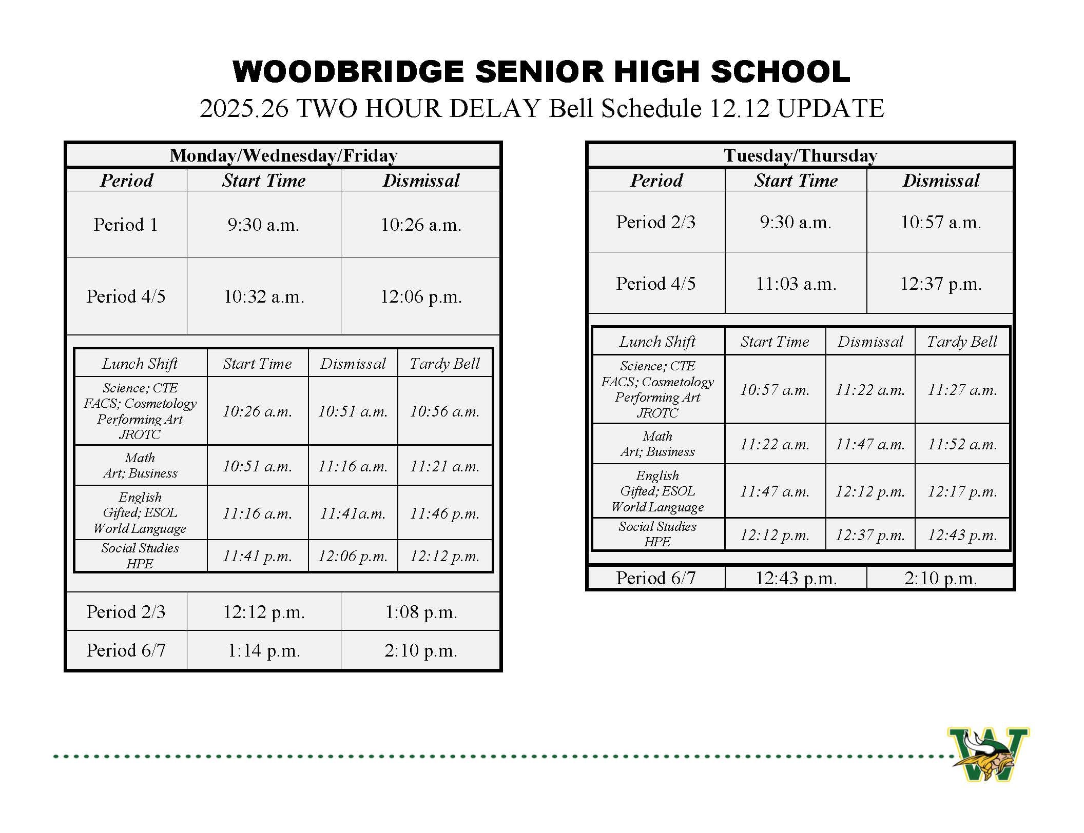 WOODBRIDGE SENIOR HIGH SCHOOL 2025.26 TWO HOUR DELAY Bell Schedule 12.12 UPDATE Monday/Wednesday/Friday Period Start Time Dismissal Period 1 9:30 a.m. 10:26 a.m. Period 4/5 10:32 a.m. 12:06 p.m. Lunch Shift Start Time Dismissal Tardy Bell Science; CTE FACS; Cosmetology Performing Art JROTC 10:26 a.m. 10:51 a.m. 10:56 a.m. Math Art; Business 10:51 a.m. 11:16 a.m. 11:21 a.m. English Gifted; ESOL World Language 11:16 a.m. 11:41a.m. 11:46 p.m. Social Studies HPE 11:41 p.m. 12:06 p.m. 12:12 p.m. Period 2/3 12:12 p.m. 1:08 p.m. Period 6/7 1:14 p.m. 2:10 p.m. Tuesday/Thursday Period Start Time Dismissal Period 2/3 9:30 a.m. 10:57 a.m. Period 4/5 11:03 a.m. 12:37 p.m. Lunch Shift Start Time Dismissal Tardy Bell Science; CTE FACS; Cosmetology Performing Art JROTC 10:57 a.m. 11:22 a.m. 11:27 a.m. Math Art; Business 11:22 a.m. 11:47 a.m. 11:52 a.m. English Gifted; ESOL World Language 11:47 a.m. 12:12 p.m. 12:17 p.m. Social Studies HPE 12:12 p.m. 12:37 p.m. 12:43 p.m. Period 6/7 12:43 p.m. 2:10 p.m.