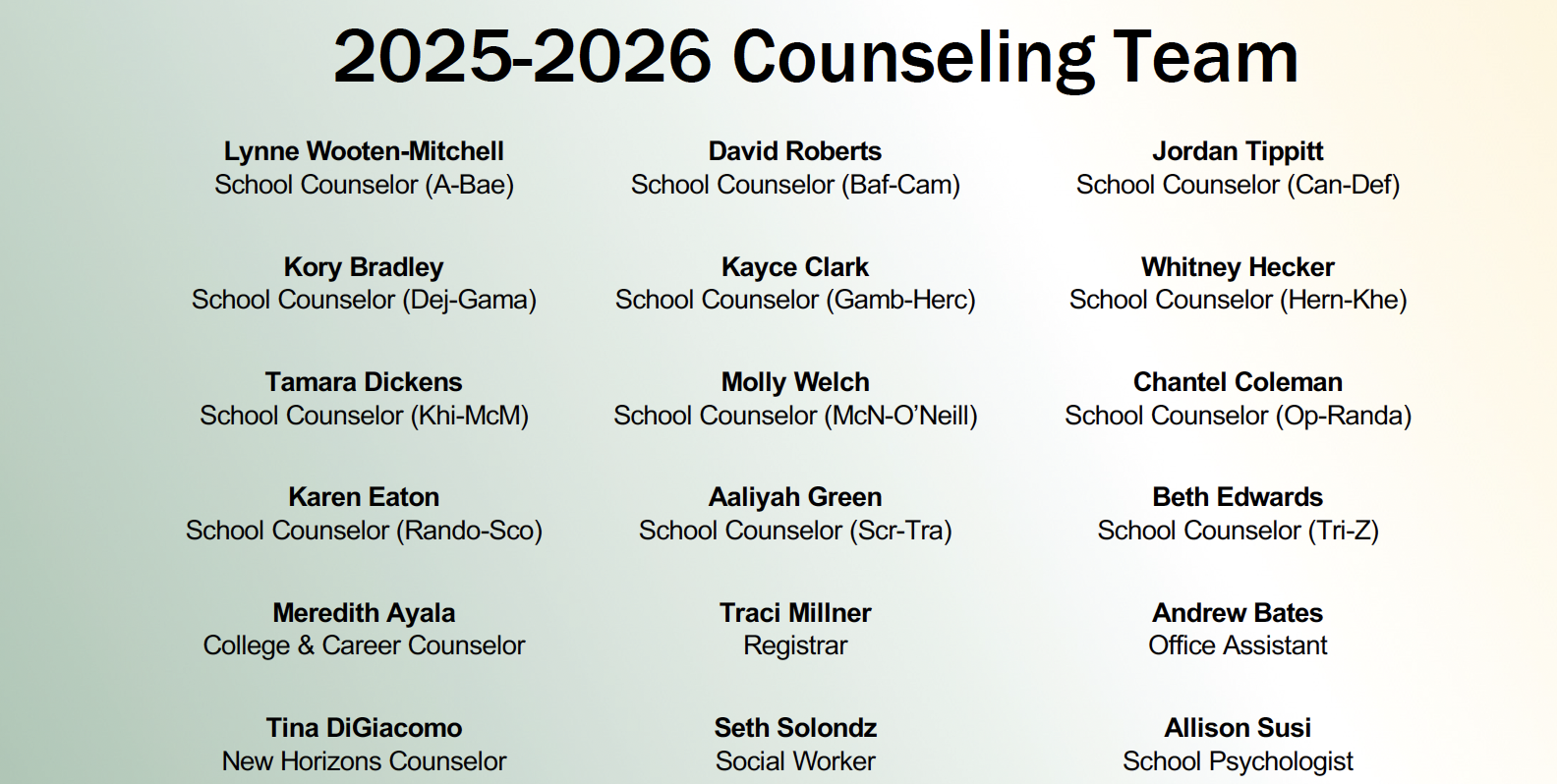 2025-2026 Counseling Team Lynne Wooten-Mitchell School Counselor (A-Bae) David Roberts School Counselor (Baf-Cam) Jordan Tippitt School Counselor (Can-Def) Kory Bradley School Counselor (Dej-Gama) Kayce Clark School Counselor (Gamb-Herc) Whitney Hecker School Counselor (Hern-Khe) Tamara Dickens School Counselor (Khi-McM) Molly Welch School Counselor (McN-O'Neill) Chantel Coleman School Counselor (Op-Randa) Karen Eaton School Counselor (Rando-Sco) Aaliyah Green School Counselor (Scr-Tra) Beth Edwards School Counselor (Tri-Z) Meredith Ayala College & Career Counselor Traci Millner Registrar Andrew Bates Office Assistant Tina DiGiacomo New Horizons Counselor Seth Solondz Social Worker Allison Susi School Psychologist