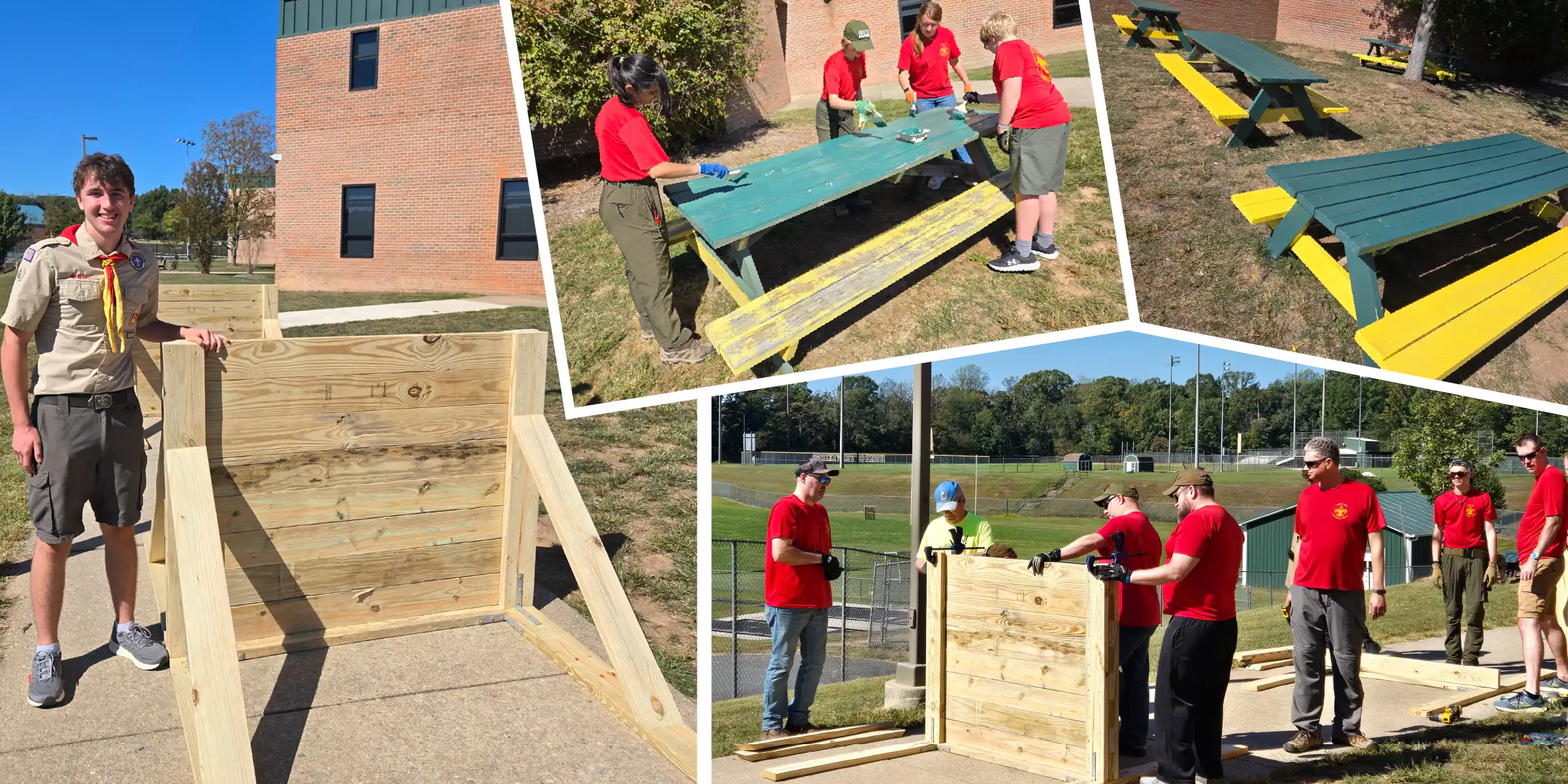 Boy Scouts working on a community service project, building wooden structures and painting benches outdoors.
