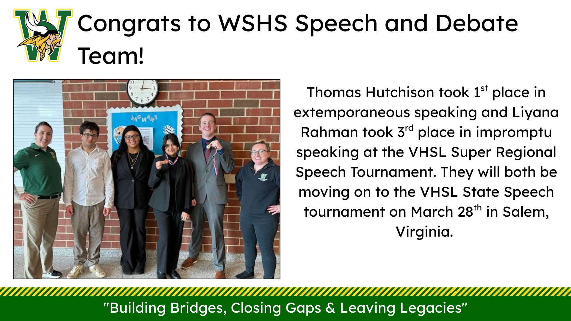 WSHS Speech and Debate team members pose with medals in a school hallway under a congratulatory headline.
