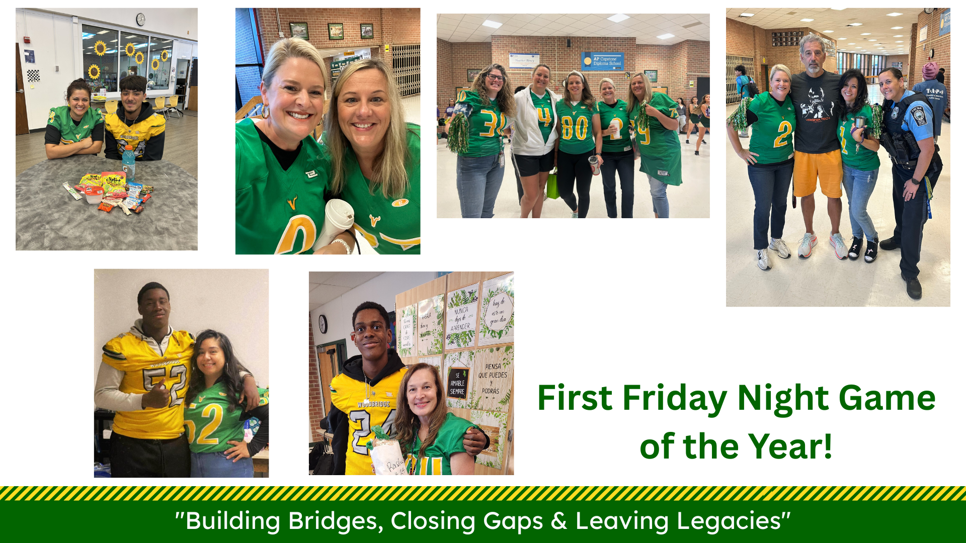Collage of photos celebrating the first Friday night football game of the year, featuring fans in team jerseys, players, and community interaction.