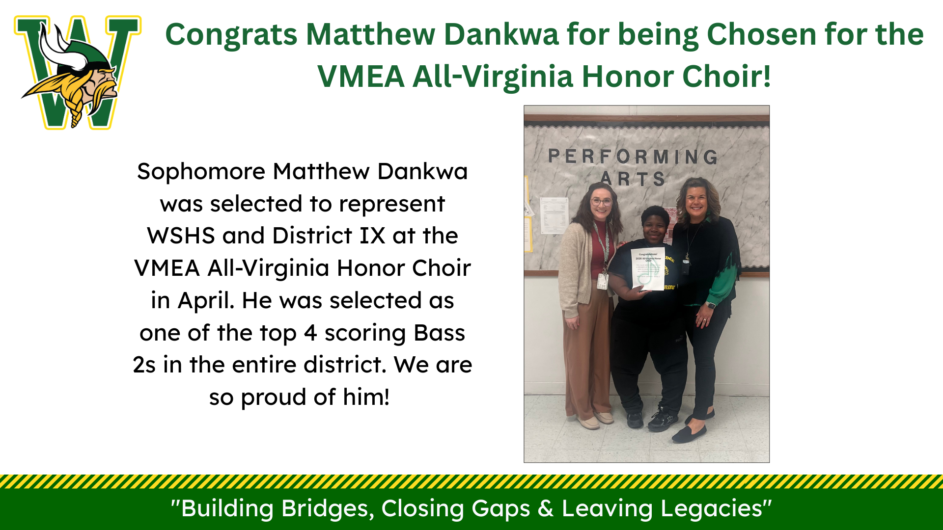 VMEA All-Virginia Honor Choir announcement featuring Matthew Dankwa holding a certificate, surrounded by Ms. Davis and Dr. Abney