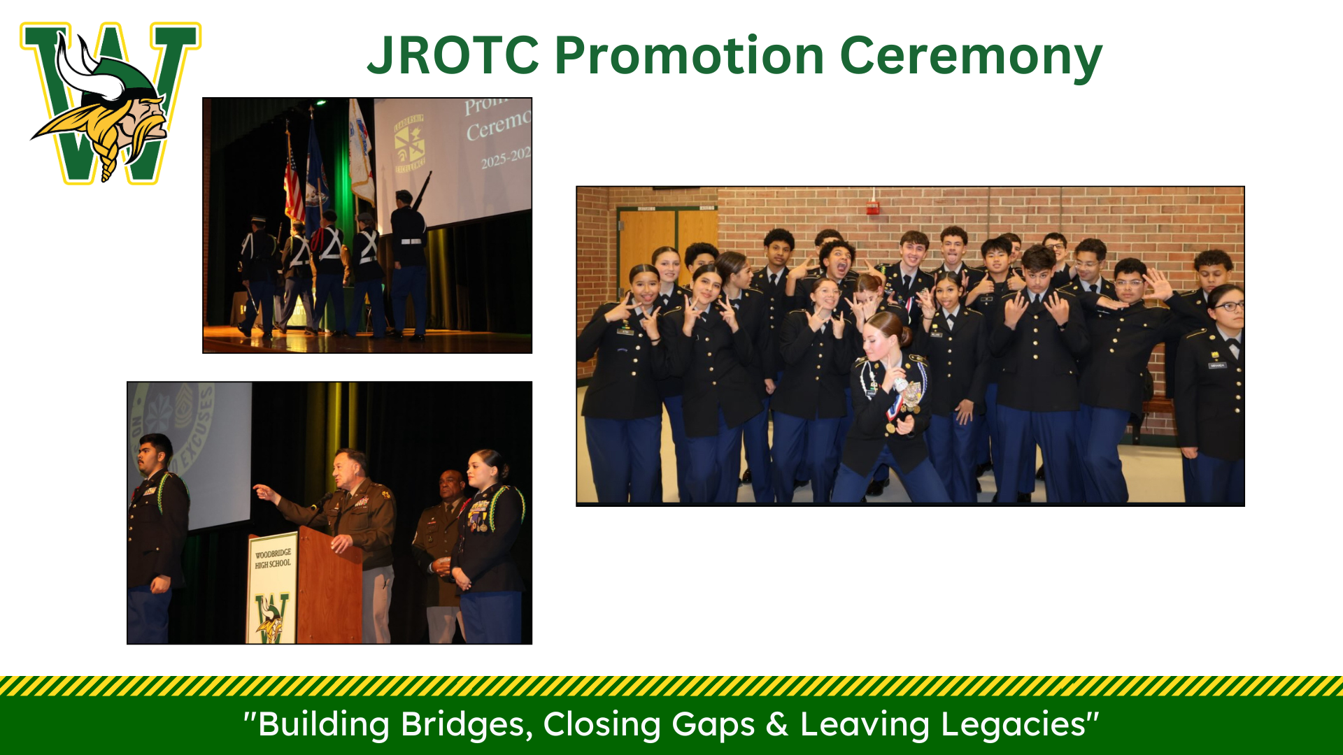 JROTC Promotion Ceremony featuring students in military uniforms, a speaker addressing the audience, and a group cheering in celebration.