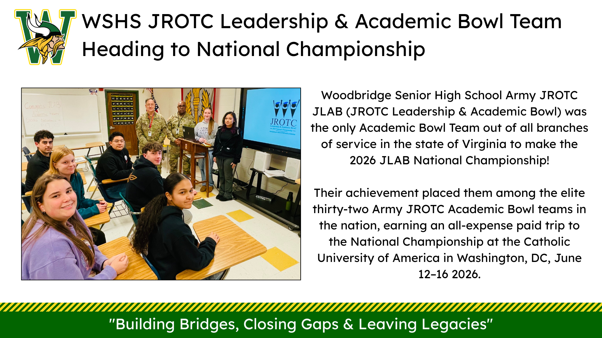 WSHS Army JROTC Leadership & Academic Bowl Team photo and announcement heading to the 2026 JLAB National Championship in Washington, DC.