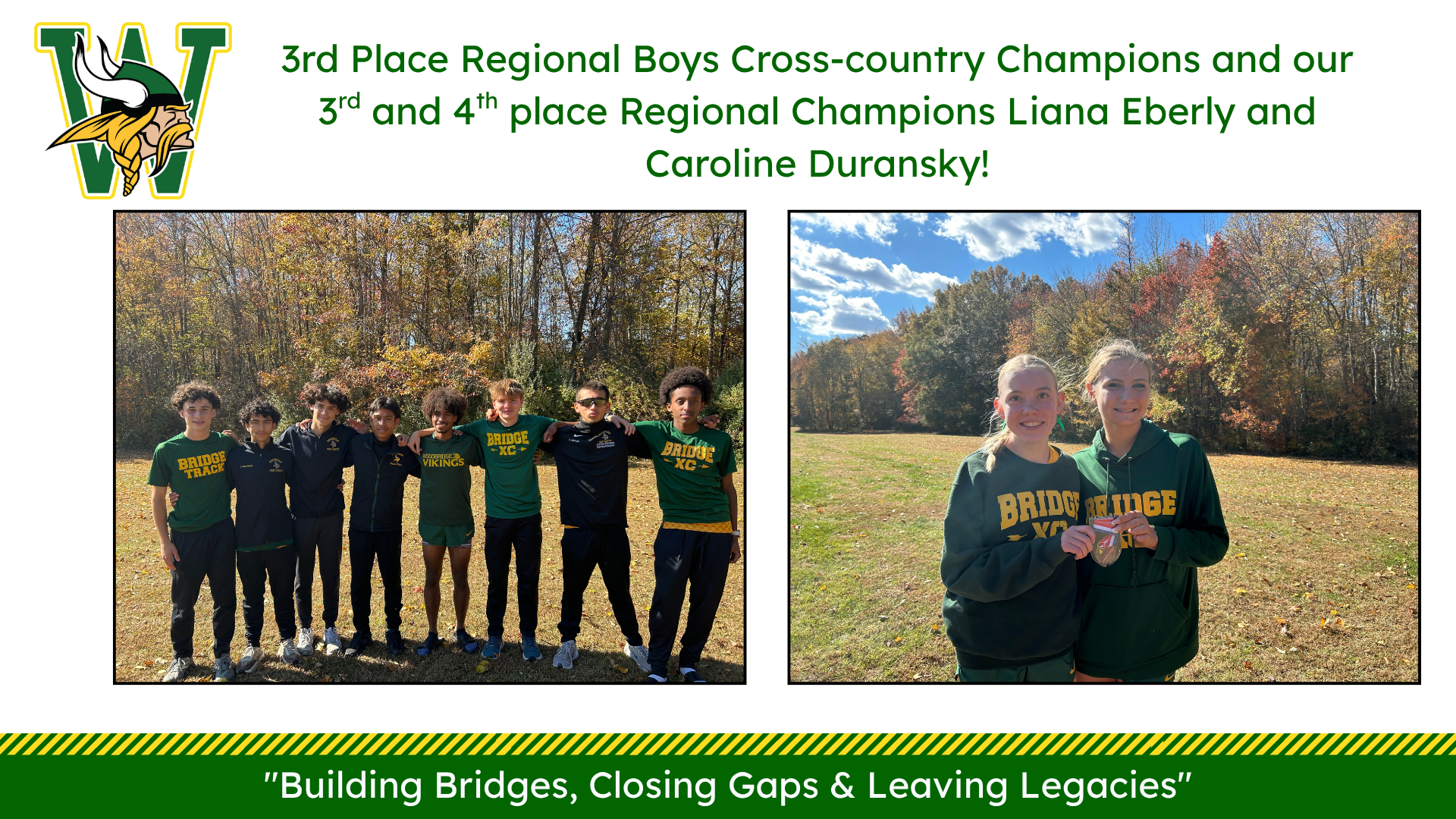 Logo of the school with a caption highlighting the 3rd place Regional Boys Cross-country Championship and the 3rd and 4th place Regional winners, Liana Eberly and Caroline Duransky, accompanied by a team photo and a supportive message.