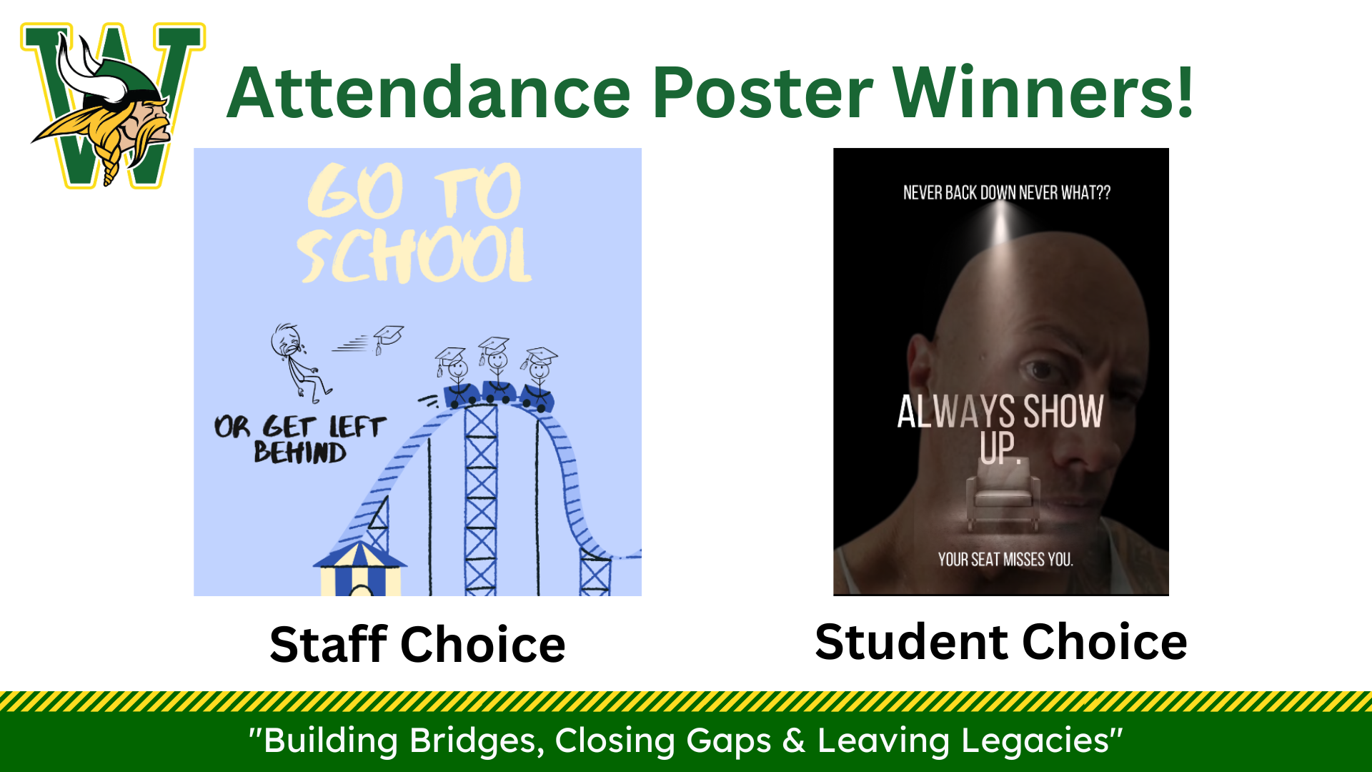 Attendance poster winners showcasing the Staff Choice "Go to School" and the Student Choice "Always Show Up."