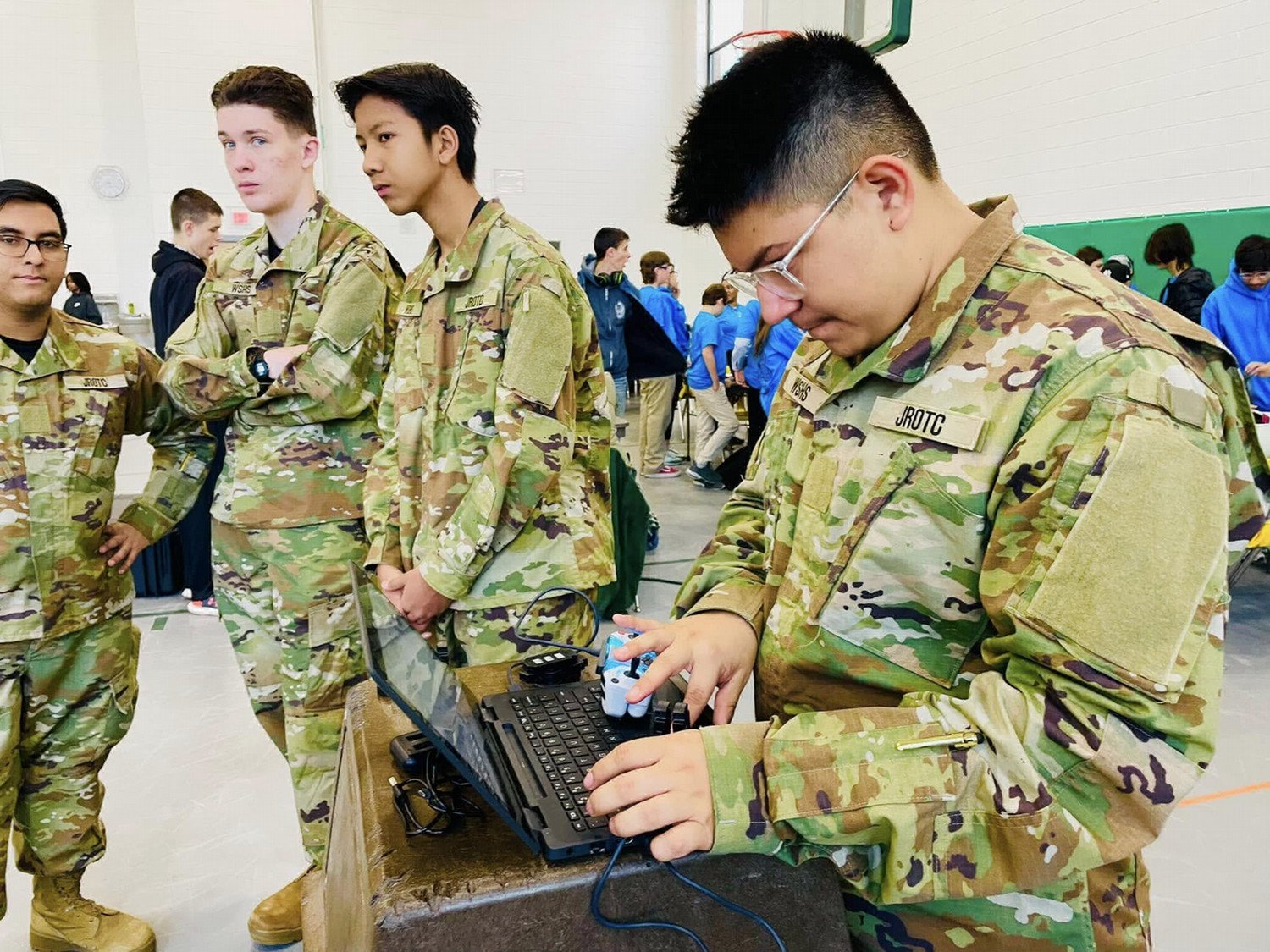 WSHS JROTC students working on drone in the battle of the bridge competition. 