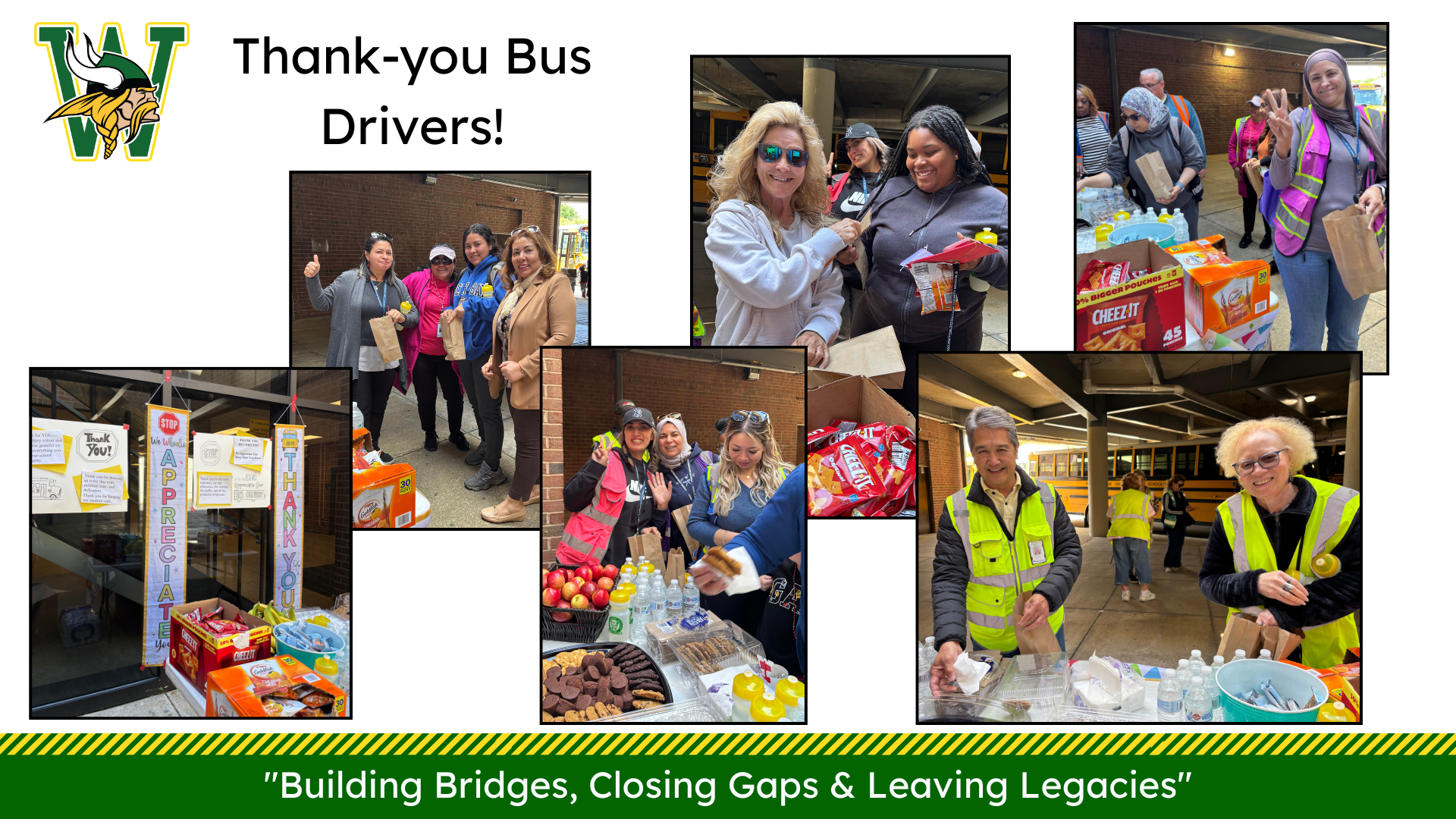 Collage titled “Thank-you Bus Drivers!” showing staff and volunteers handing out snacks and drinks to bus drivers at a bus depot.