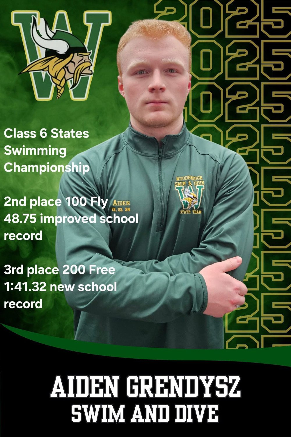 Aiden Grendysz, a swimmer, poses in a team jacket, celebrating achievements at the Class 6 States Swimming Championship, including record-breaking times in the 100 Fly and 200 Free.