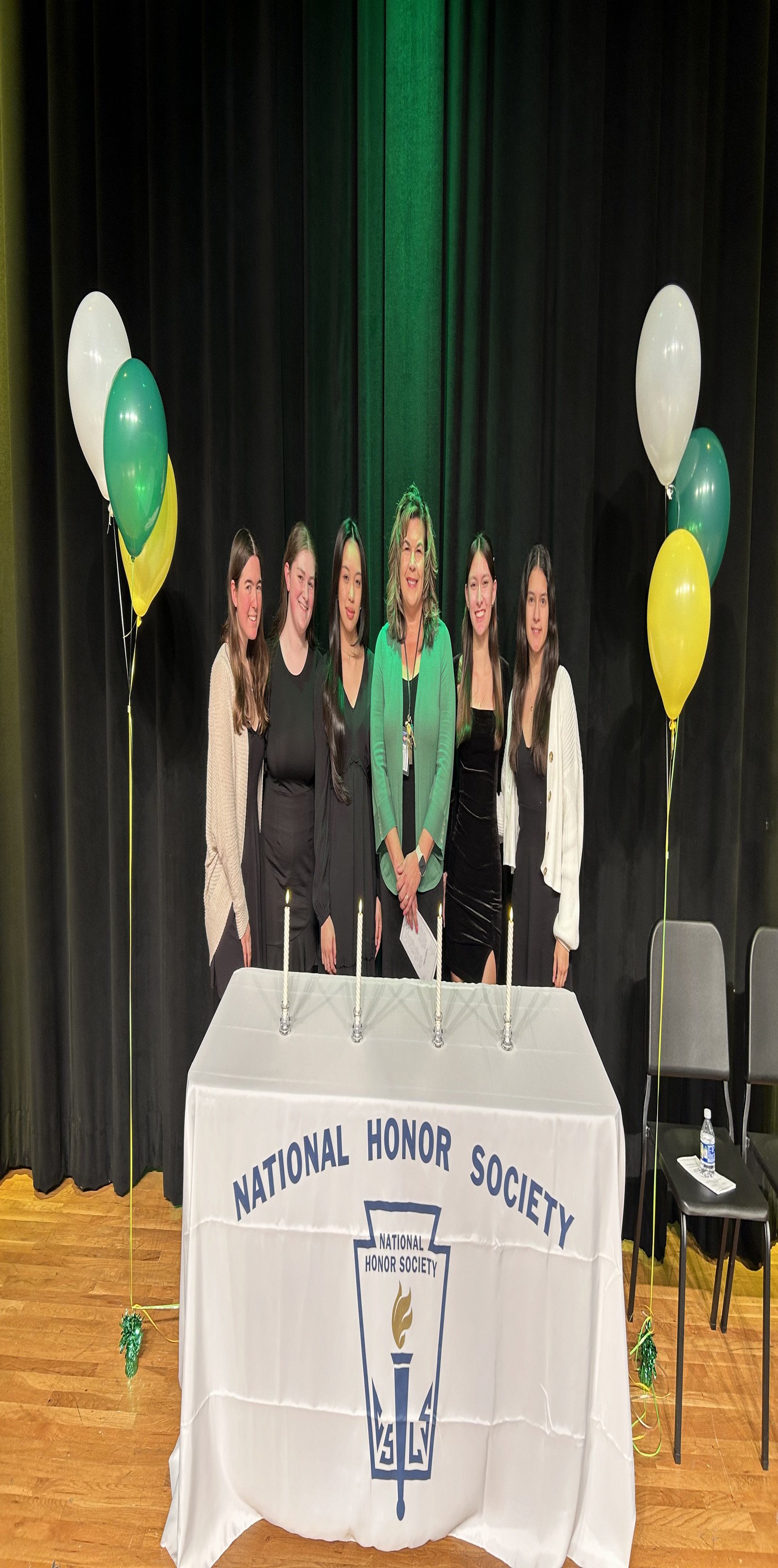 Mrs. Abneey with NHS officers: President: Segolene Nguyen Vice President: Natalie Parrott Treasurer: Fernanda Carrasco Secretary: Megan Bowling Historian: Sarah Tamai