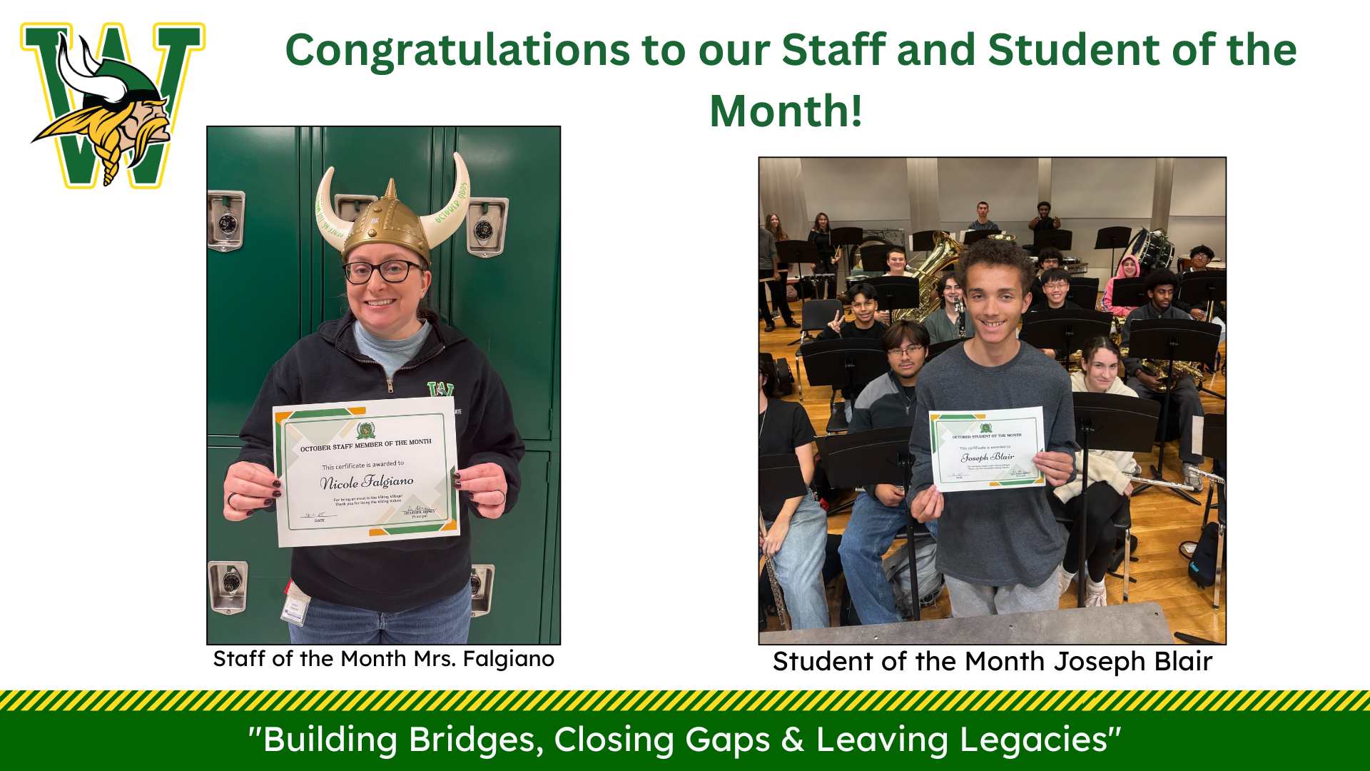 Celebratory photo of Staff of the Month, Mrs. Falgiano wearing a viking helmet, and Student of the Month, Joseph Blair, holding achievement certificates.