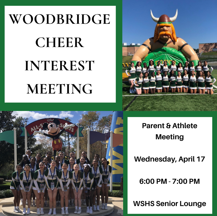Woodbridge Cheerleading Interest Meeting will be held on Wednesday, April 17th at 6PM in the senior lounge to learn more about the program.   Open to all incoming 8th-11th graders attending Woodbridge Senior High School for the 2024-2025 school year.   Both athletes and parents are encouraged to attend to gain a comprehensive understanding of the program's commitment.