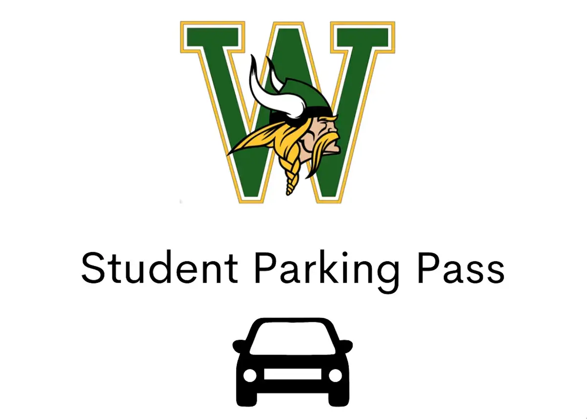 Student Parking pass with viking logo and car on white background