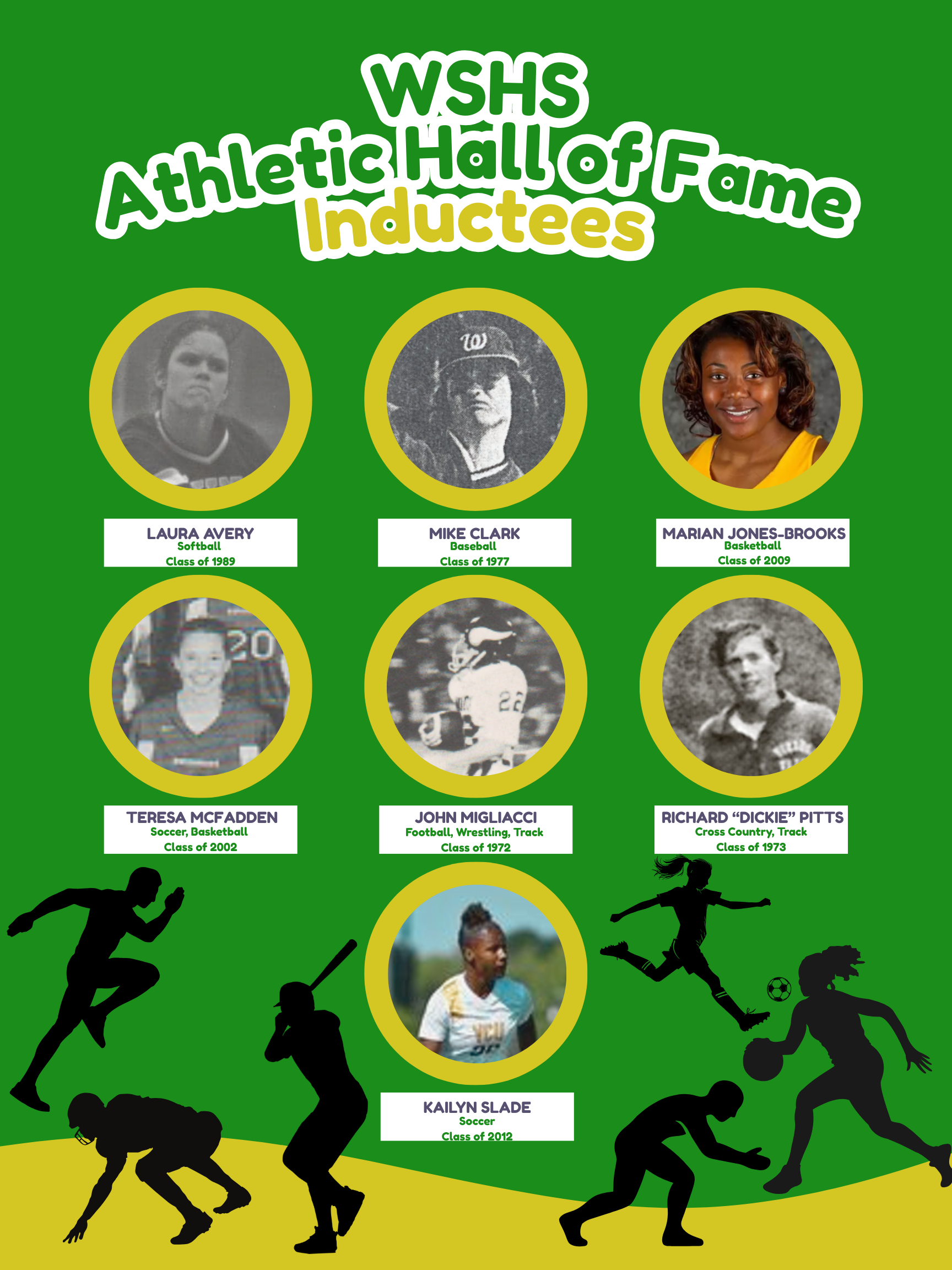 WSHS Athletic Hallof Fame Inductees 10 MIKE CLARK Baseball Class of 1977 MARIAN JONES-BROOKS Basketball Class of 2009 TERESA MCFADDEN Soccer, Basketball Class of 2002 JOHN MIGLIACCI Football, Wrestling, Track Class of 1972 RICHARD "DICKIE" PITTS Cross Country, Track Class of 1973 KAILYN SLADE Soccer Class of 2012