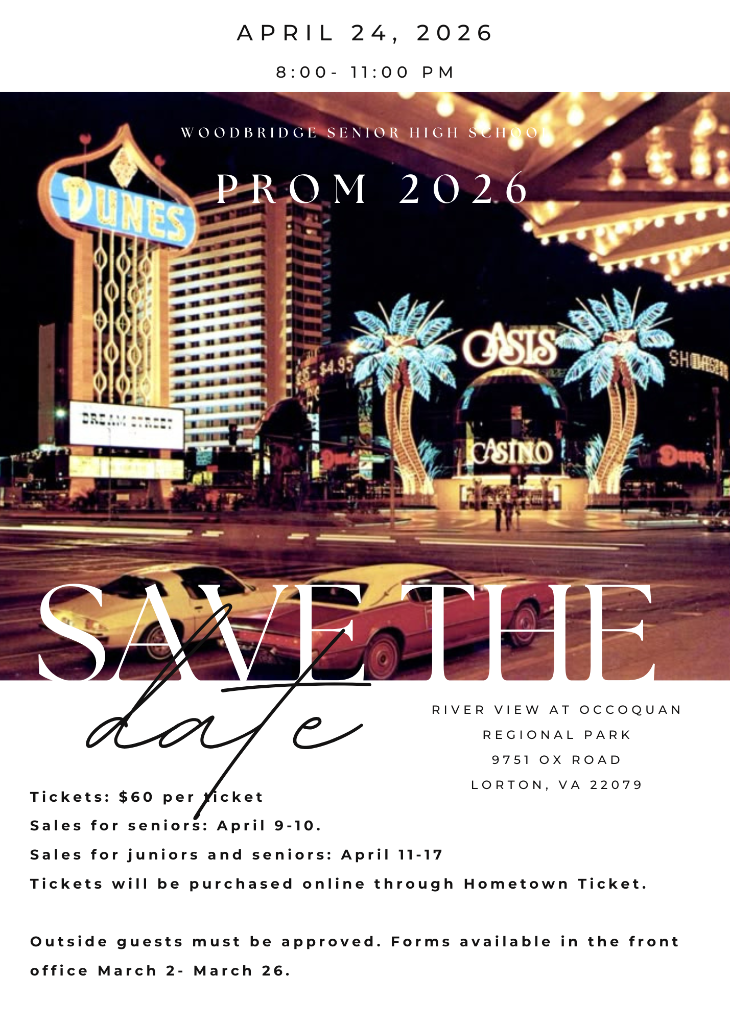 Prom 2026 “Save the Date” flyer with a neon Las Vegas casino scene and classic cars at night.