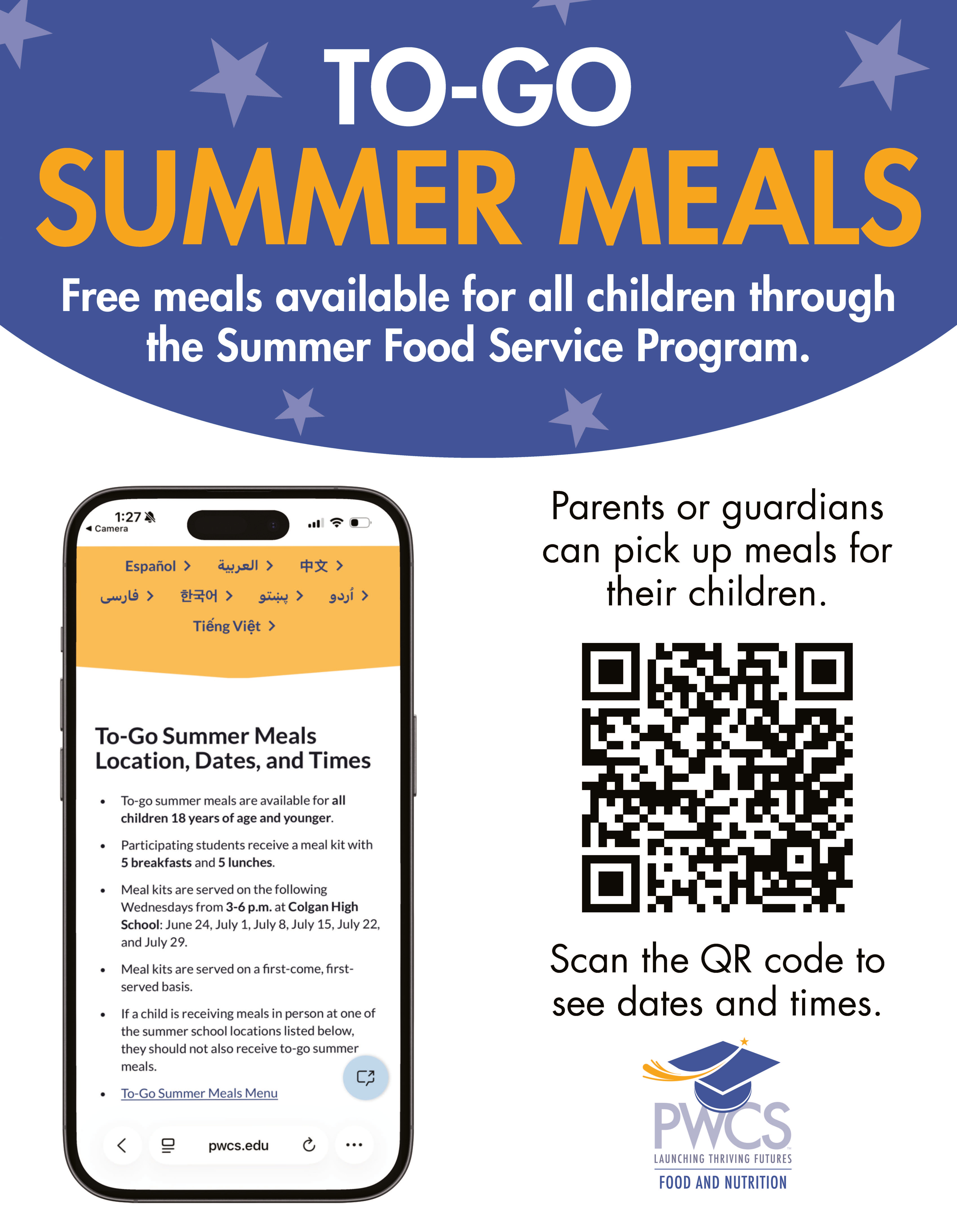 To- go summer meals, free meals available for all children through the summer food service program. parents or guardians can pick up meals for their children. Scan the QR code to see dates and locations. 