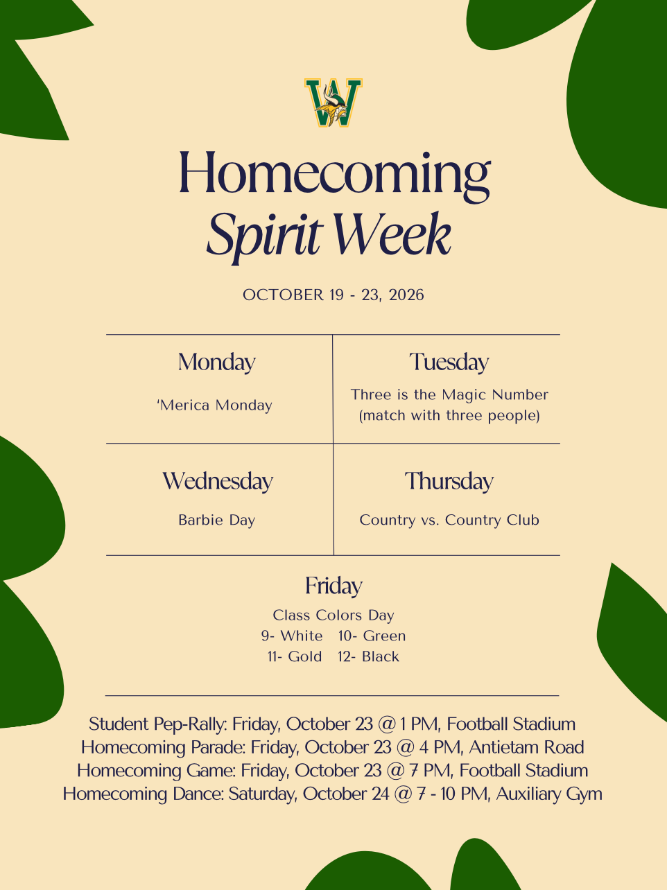 Flyer for Homecoming Spirit Week (October 19–23, 2026) listing daily themes, class colors for Friday, and homecoming events including pep rally, parade, game, and dance.