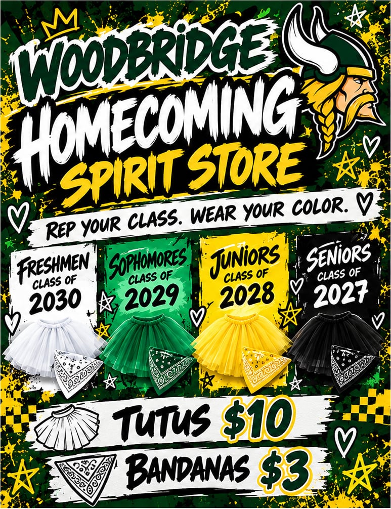 Poster for the Woodbridge Homecoming Spirit Store, urging students to wear class colors: freshmen 2030 (white), sophomores 2029 (green), juniors 2028 (yellow), seniors 2027 (black), with a Viking head