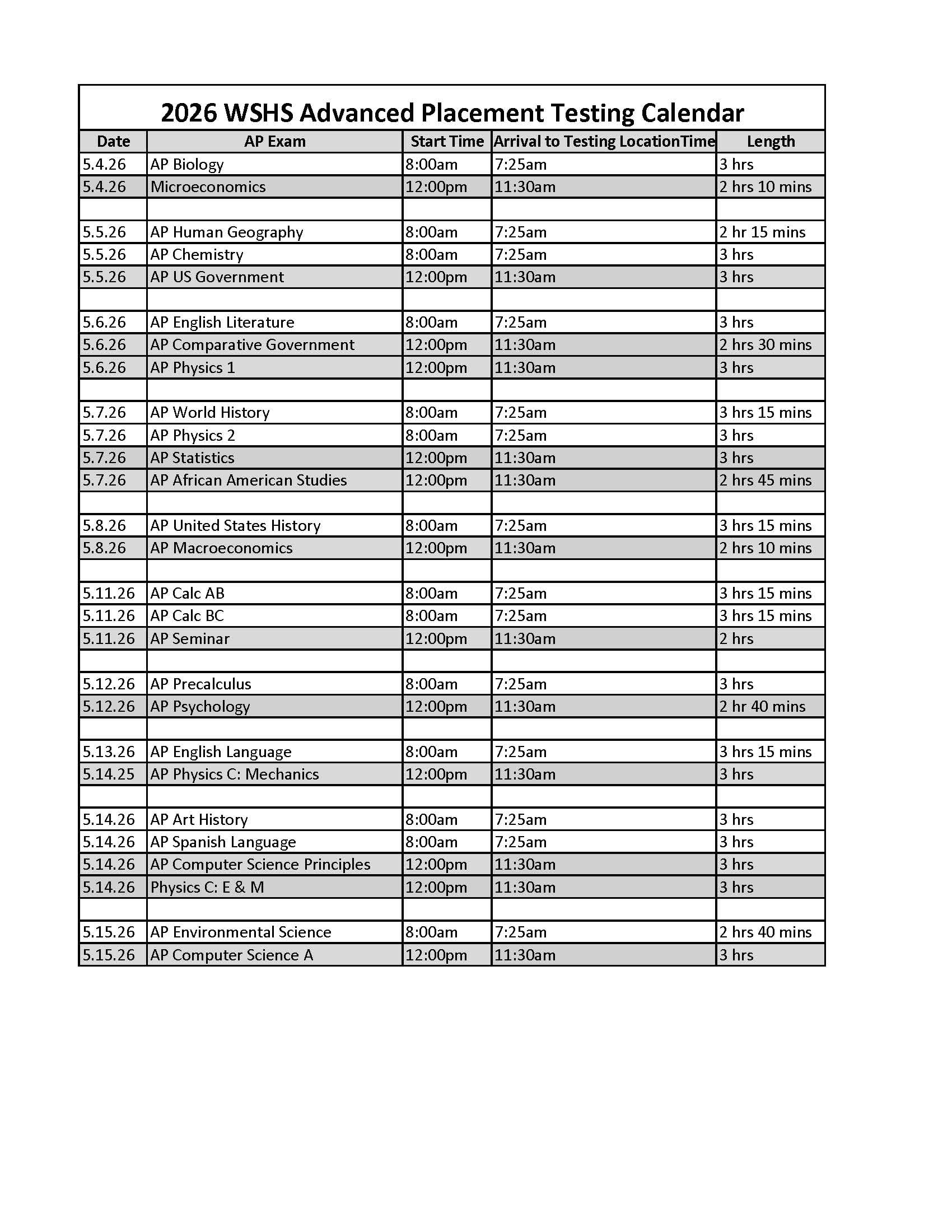Table titled “2026 WSHS Advanced Placement Testing Calendar” listing AP exam dates, start times, arrival times, and test lengths.