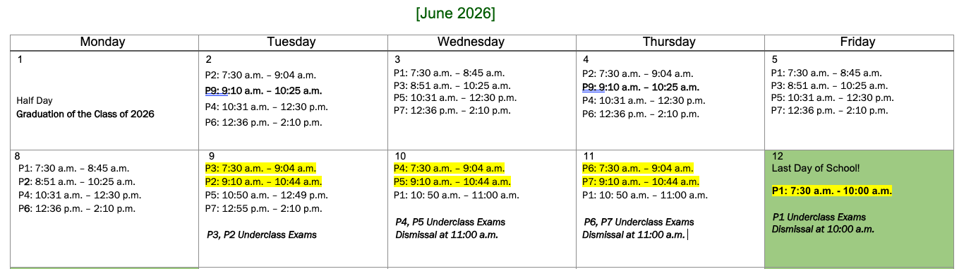 June 2026 school calendar showing half day and graduation on June 1, underclass exam schedule June 9–12, and the last day of school on June 12.
